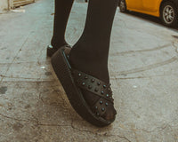 Black TUKskin™ Cross Strap Studded Sandal